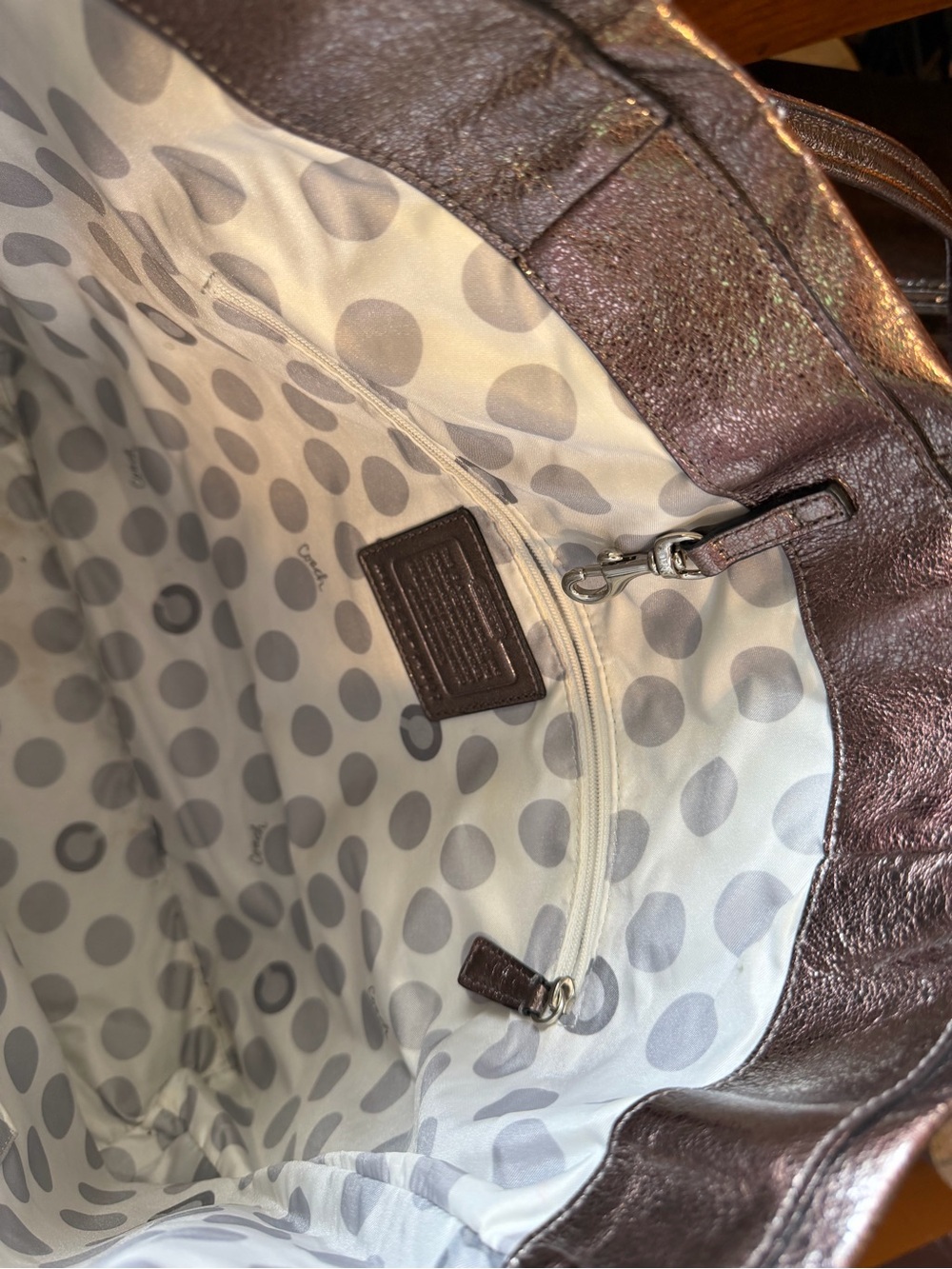 Coach Metallic Bronze Leather Op Art Logo Large Tote Shoulder Bag - Picture 4 of 6